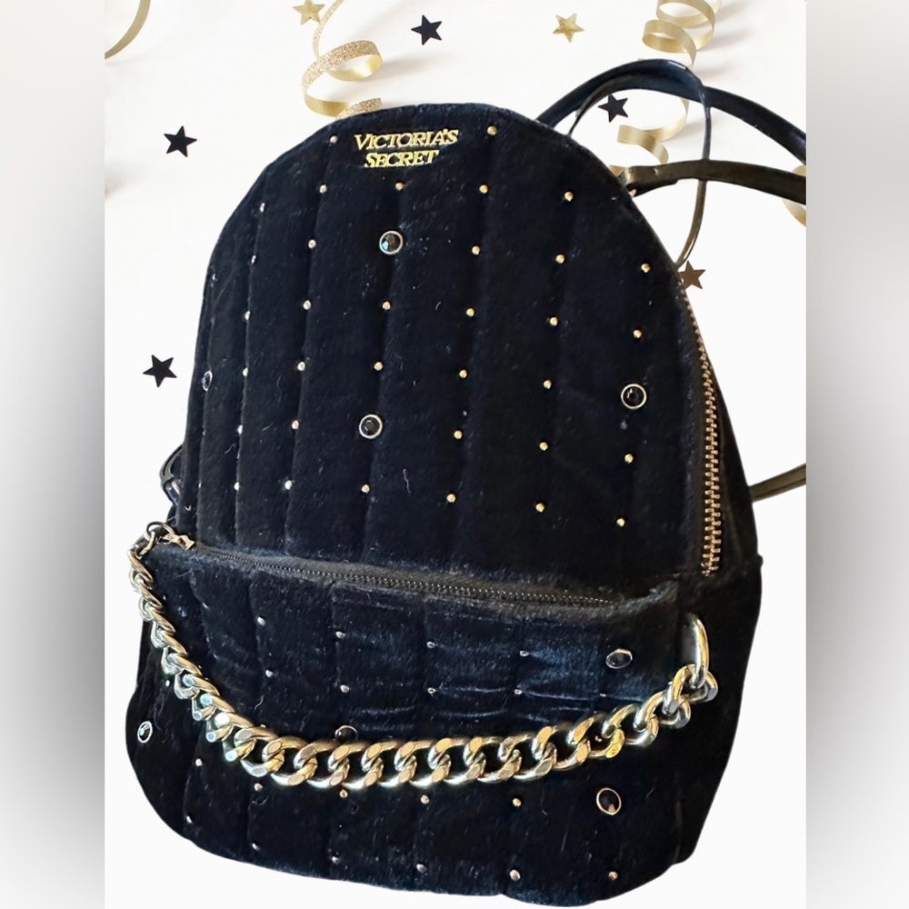 Victoria’s Secret Limited Edition Black Velvet With Gold Studs Mini Backpack